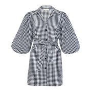 MEGHAN Mini Gingham Dress in black with puff sleeves and removable waist belt, perfect for summer picnics.